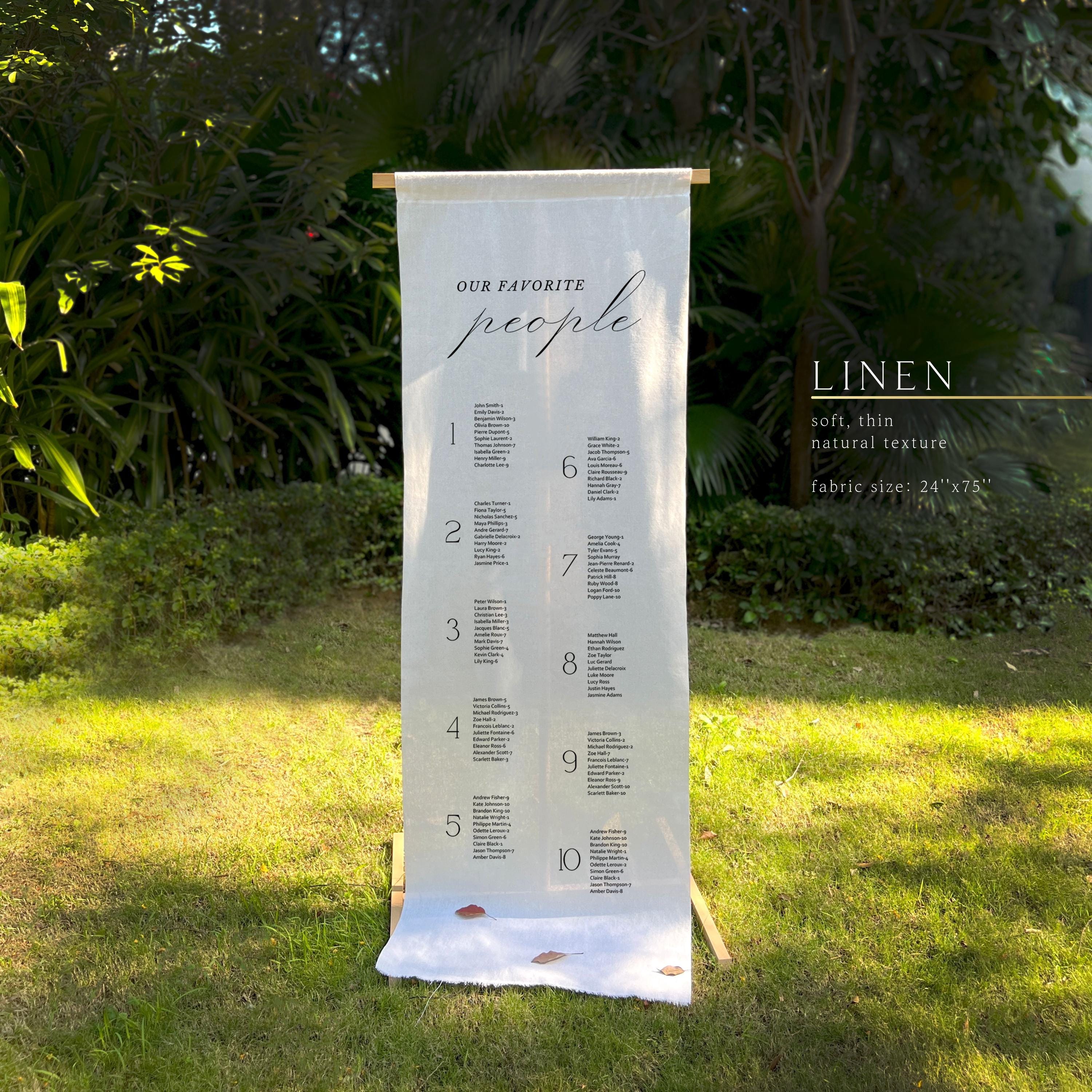 Fabric Seating Chart with Adjustable Wood Stand – Canvas, Linen, or Chiffon – Minimalist Vintage Design for Wedding, Engagement -ML02004