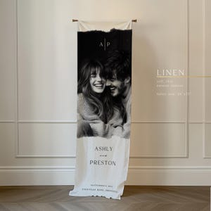 Panneau de mariage en lin avec photo, bannière de mariage en tissu, panneau de douche nuptiale, panneau de fiançailles, baby shower, support en bois pliable -ML01037