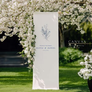 Set di insegne in tessuto per matrimonio, insegne in tessuto per matrimonio con fiori di campo blu polvere, chiffon, lino, tela, decorazioni in tessuto personalizzate, insegne per bar per matrimonio