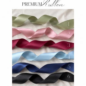 May include: Six strips of satin ribbon arranged horizontally, labeled one through six. The colors are sage green, dusty pink, deep burgundy, light blue, navy blue, and black. The text PREMIUM Ribbon is centered at the top of the image.