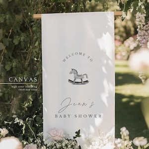 Leinen Babypartyschild, Babypartyschild nach Wunsch, Baby Deko Ideen, Holzpferd Babypartydekor - ML04007