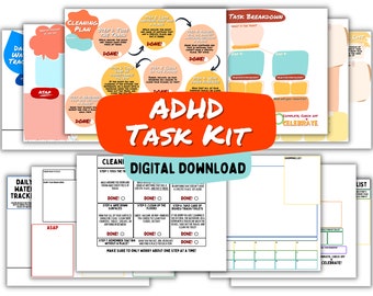 May include: A digital download kit for ADHD task management. The kit includes printable worksheets with colourful backgrounds and checkboxes for completing tasks. The worksheets are titled "Cleaning Plan", "Daily Water Tracking", "Task Breakdown", and "Shopping List".