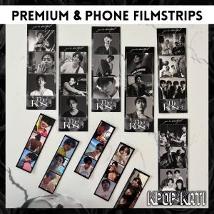 Op de afbeelding: Een set van 10 zwart-wit fotostrips met de Zuid-Koreaanse band The Rose. Elke strip heeft meerdere foto's van de bandleden. De strips zijn bedrukt met de naam van de band en de zin "You are beautiful".