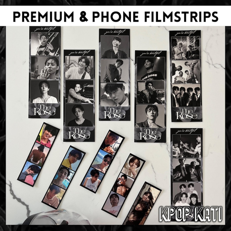 Op de afbeelding: Een set van 10 zwart-wit fotostrips met de Zuid-Koreaanse band The Rose. Elke strip heeft meerdere foto's van de bandleden. De strips zijn bedrukt met de naam van de band en de zin "You are beautiful".