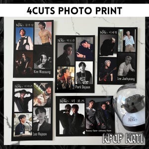 Op de afbeelding: Vier zwart-wit fotokaarten met leden van de band The Rose. Elke kaart heeft de naam van een ander lid en een foto van hem. De kaarten zijn in een rasterpatroon gerangschikt. De tekst "4CUTS PHOTO PRINT" staat bovenaan de afbeelding. De tekst "KPOP KATI" staat onderaan de afbeelding.