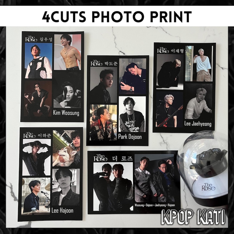 Op de afbeelding: Vier zwart-wit fotokaarten met leden van de band The Rose. Elke kaart heeft de naam van een ander lid en een foto van hem. De kaarten zijn in een rasterpatroon gerangschikt. De tekst "4CUTS PHOTO PRINT" staat bovenaan de afbeelding. De tekst "KPOP KATI" staat onderaan de afbeelding.