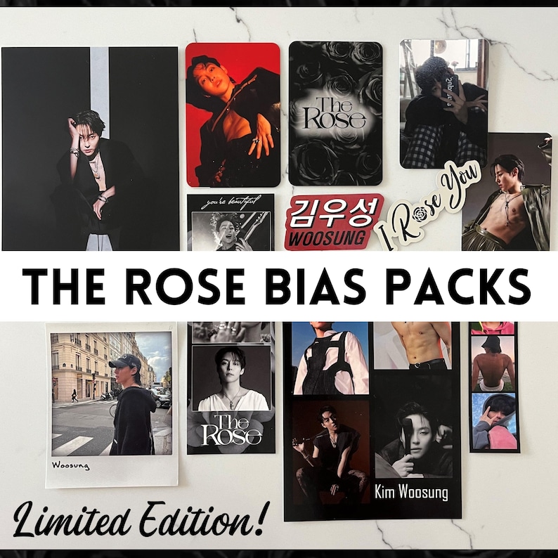 Op de afbeelding: Een verzameling fotokaarten met een Zuid-Koreaanse boyband, The Rose. De kaarten tonen individuele bandleden, bandlogo's en de tekst "The Rose Bias Packs Limited Edition!"