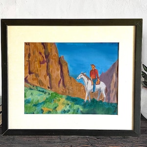 Cowboy On Horse Western Landscape Oil Painting/Rustic Southwest Wall Decor/NOT A PRINT