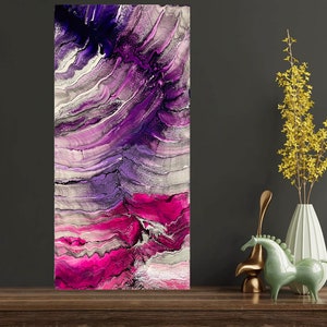Acrylic Pour Painting On Canvas/Abstract Fluid Art/Purple, Magenta, Pink Flow Art/15” X 30”