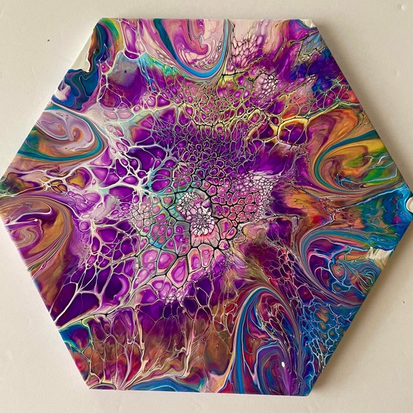 Acrylic Pour Painting On 8” Hexagon Ceramic Tile/Fluid Art Painting/Abstract Painting/Shelee Art Bloom/Contemporary Art/Pour Art/