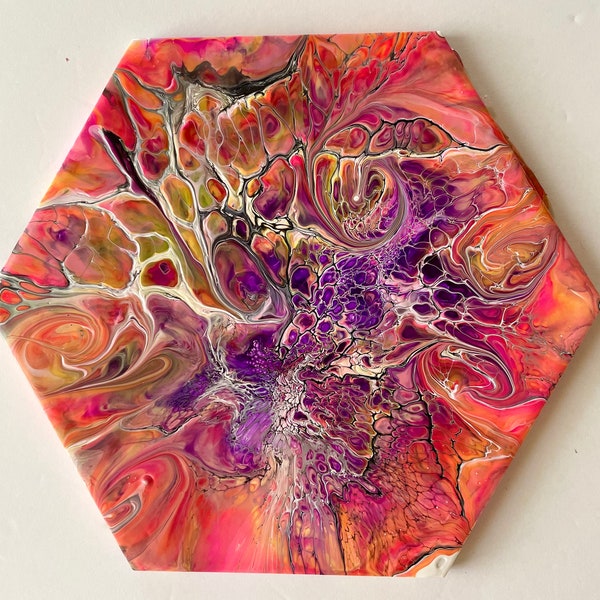 Acrylic Pour Painting On 8” Ceramic Tile/Fluid Art Painting/Abstract Art/Shelee Art Bloom/Contemporary Art/Pour Art/Floral Painting