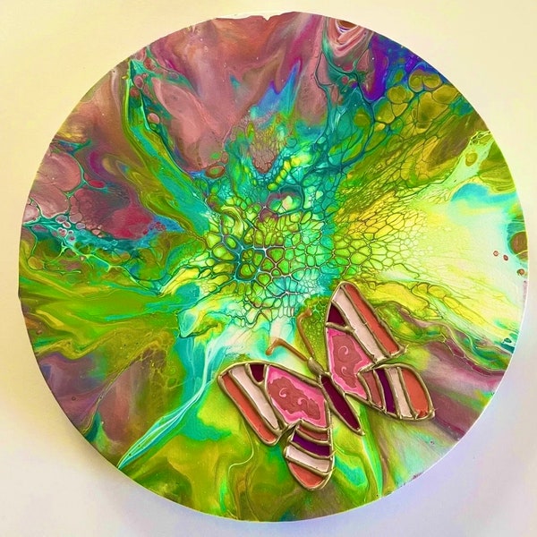 Acrylic Pour Painting With Butterfly On 10” Round Canvas/Abstract Fluid Artwork/Floral Painting/Contemporary Artwork/Pour Paint On Canvas