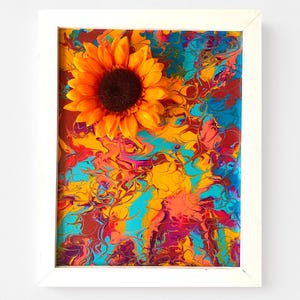 Framed Acrylic Pour Painting With Silk Sunflower: Abstract Floral Wall Decor/ 13 X 16