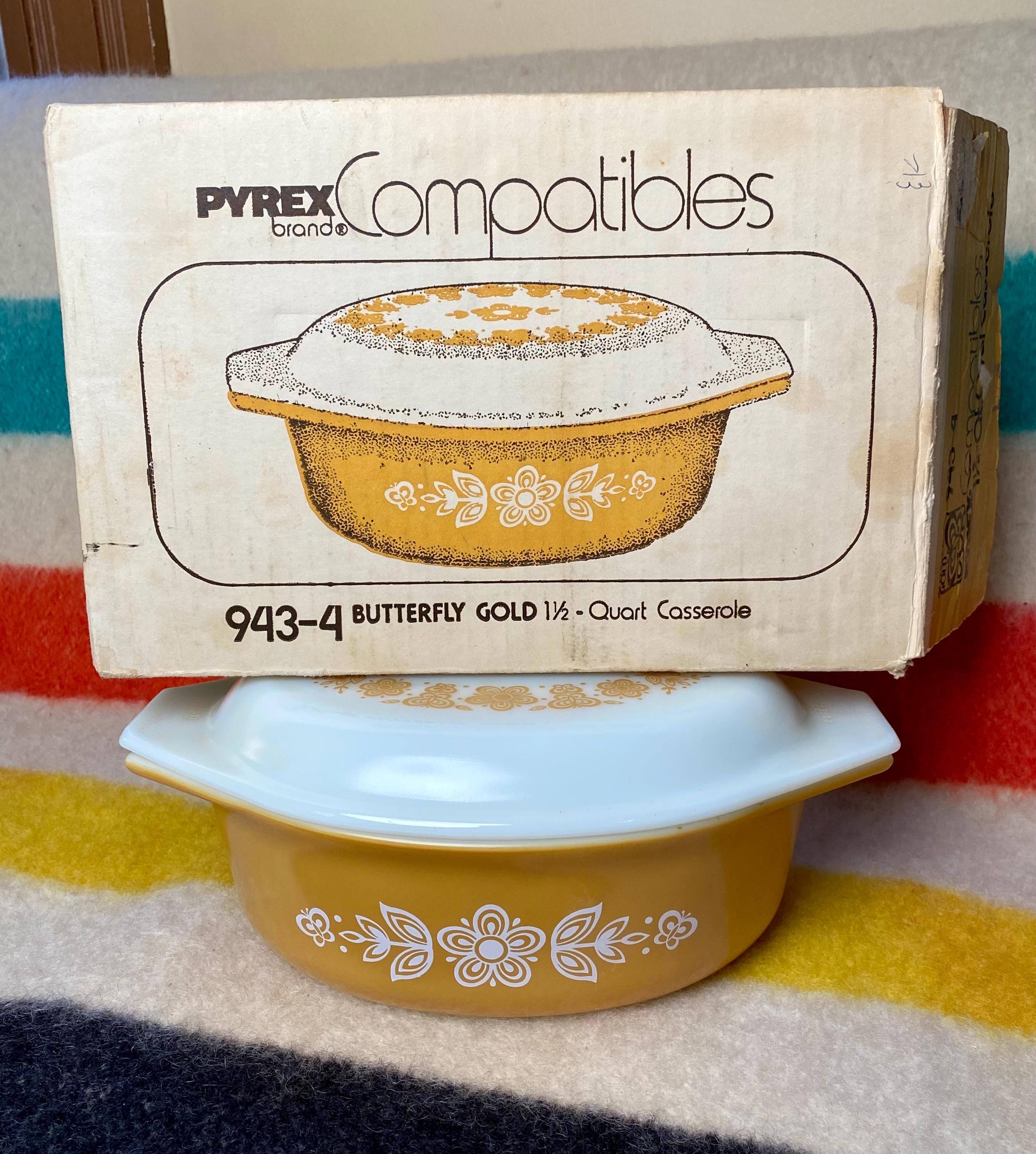 Vintage Pyrex Butterfly Gold Casserole in Box Mid Century 
