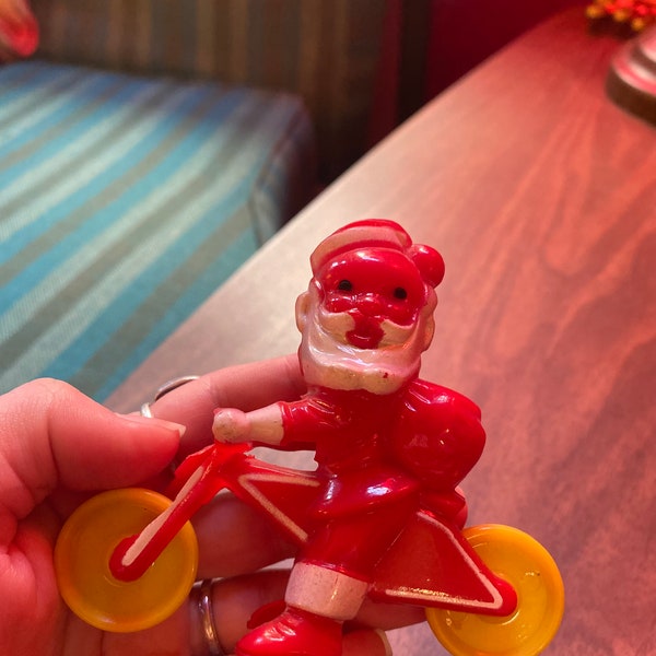 Vintage 1950s ROSBRO Santa Claus Riding Motorcycle Bike Hard Plastic Dime Store Toy Candy Container Working Toy Vintage Christmas