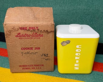 Vintage NOS Lustro Ware Yellow Cookies Canister w/ Original Sticker and Box Mid Century Kitchen Decor 1950s 1960s