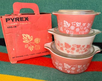 Vintage Rare Pyrex Pink Gooseberry Casserole Dish Set in Original Box Mid Century Kitchen 1950s 473 474 475