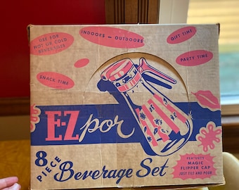 Vintage Rare EZ Por Flower Glasses & Decanter in Box Pink Yellow 1950s