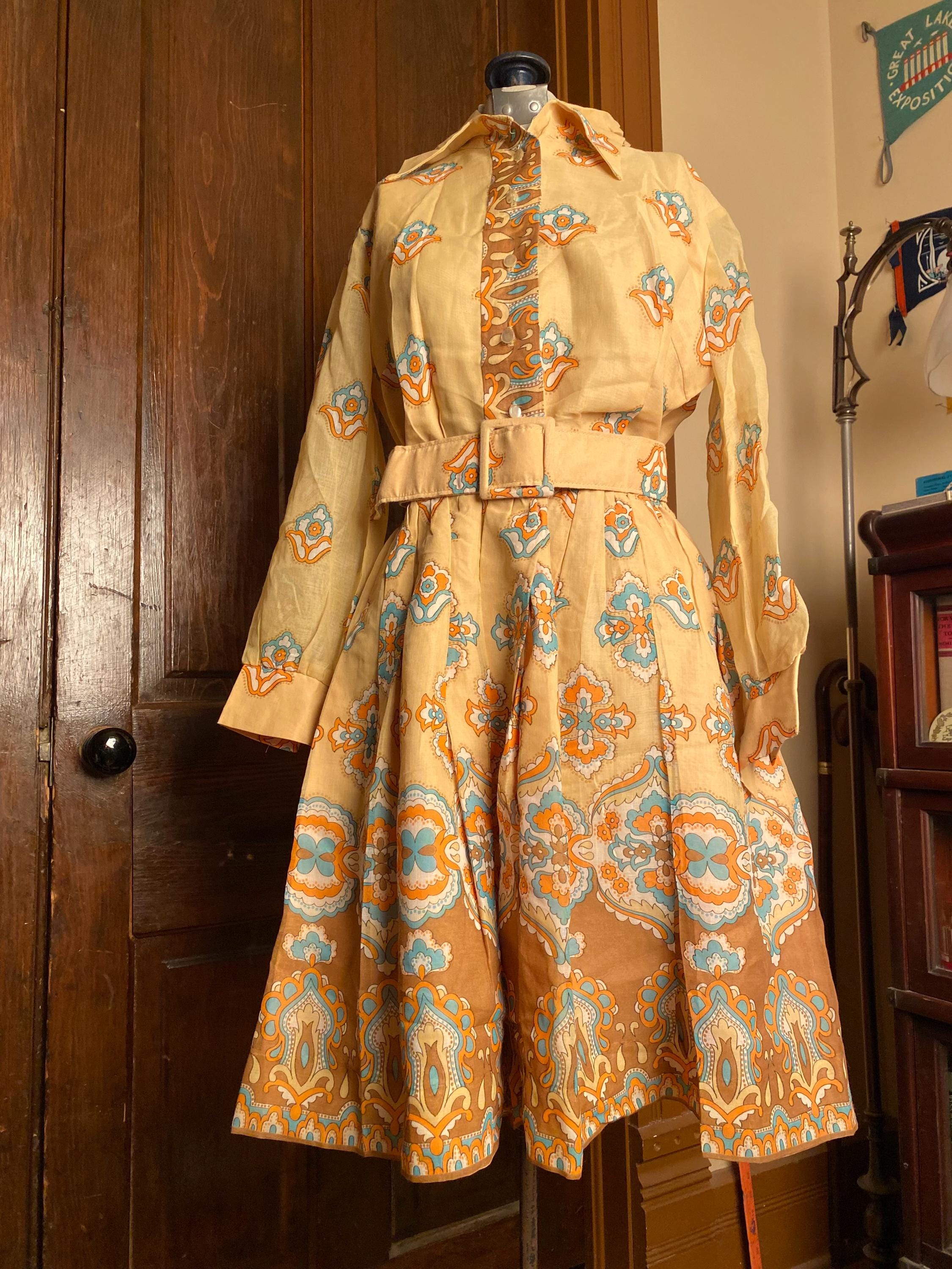 Vintage Ladies 1970s Dutch Psychedelic Print Orange Turquoise Mid Century Mod