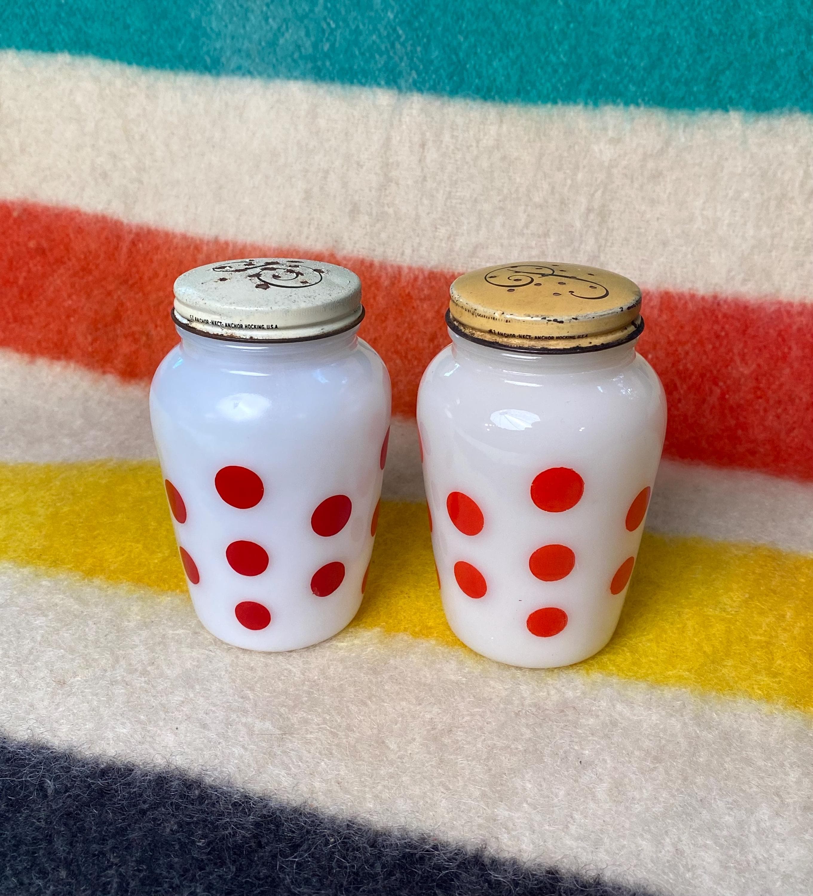 Vintage Fire King Red Polka Dot Salt & Pepper Shaker Set Mid