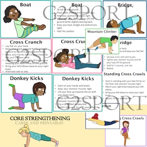 Core Strengthening 20 cartões para impressão / Exercício para crianças / Exemplos de exercícios