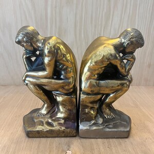 Vintage Rodin Thinking Cast Metal Bronze Bookends