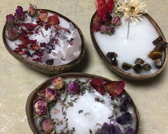 bougies en noix de coco faites à la main, bougies en pierres précieuses avec améthystes, quartz rose, véritable ambre ou oeil de tigre, fête des mères, roses, lavande,