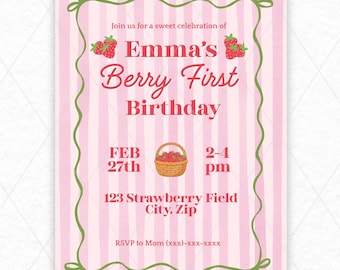Berry First Birthday Editable Inviation Template | Strawberry Theme | Sweet One | Digial Download | 5 x 7