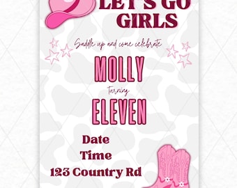 Cowgirl Theme Editable Birthday Invitation | Lets Go Girls | Rodeo Cowgirl | Digital Download | Customizable Canva Template | 5 x 7 |