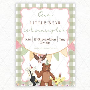 May include: An invitation design with the text "Our Little Bear is turning two." The design features a brown bear, an owl, and other cartoon animals. The background has a green and white checkered pattern with pink accents. The words "EDITABLE DIGITAL DOWNLOAD" are at the top.