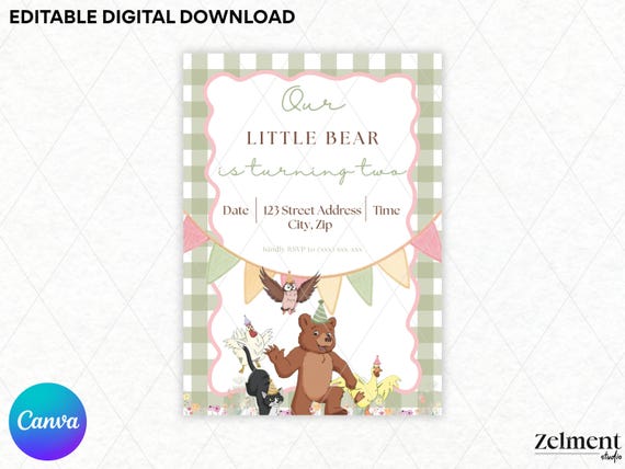 Little Bear Theme Editable Birthday Invitation | Digital Download | Customizable Canva Template | 5 x 7 |