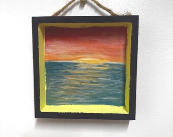 Original Sunset Ocean Painting, Contemporary Landscape Art, Small Framed Wall Art, Mixed Media Wood Panel, Golden Hour Upload