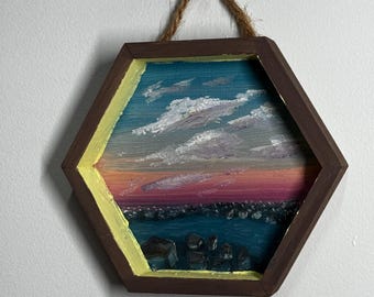 Original Oil Painting on Wood | Framed Coastal Mini Landscape | 5x5 Modern Wall Art | Signal Breakwater