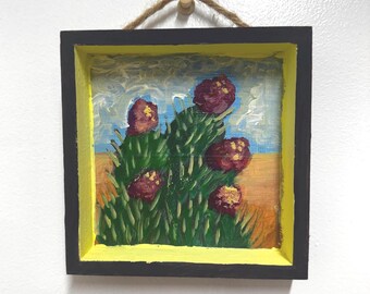 Original Desert Flower Painting, Contemporary Floral Landscape, Small Framed Wall Art, Mixed Media Wood Panel