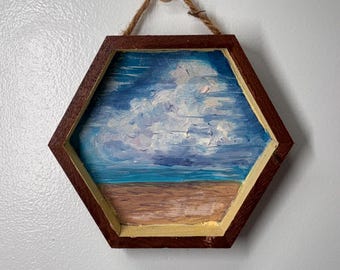 Original Oil Painting on Wood | Framed Mini Landscape Art | 5x5 Small Modern Wall Art | Bandwidth Over Horizon
