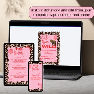 May include: A digital invitation design displayed on a laptop, tablet, and phone. The invitation features a pink background with leopard print borders and the text "Girls Gone Wild". The design is editable.