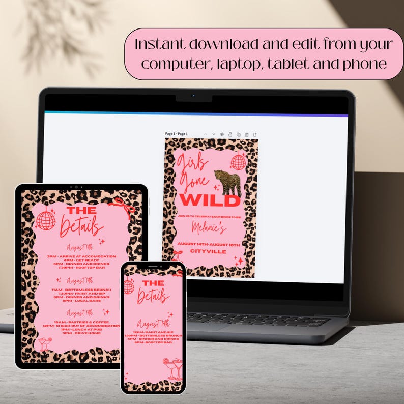 May include: A digital invitation design displayed on a laptop, tablet, and phone. The invitation features a pink background with leopard print borders and the text "Girls Gone Wild". The design is editable.