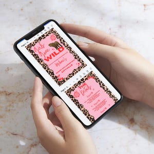 May include: A smartphone screen shows a pink invitation with leopard print borders and the text "Girls Gone WILD". The invitation includes details for Melanie's event in Cityville on August 14th-16th. The second page says "The Details".
