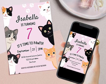 Plantilla editable de invitación de cumpleaños con temática de gatos / Plantilla digital de descarga personalizada de Canva