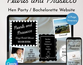 Plantilla web para despedida de soltera con perlas y prosecco / Plantilla de invitación editable y personalizable en Canva