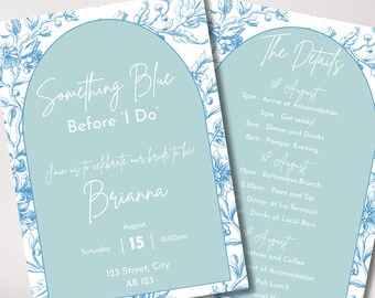 Plantilla de invitaciones para despedida de soltera "Algo azul antes de dar el sí" / Diseño floral vintage / Itinerario digital para el fin de semana de la despedida de soltera / Plantilla de Canva