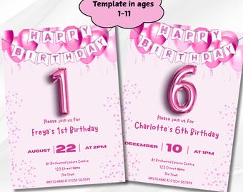 Invitación de cumpleaños con globos para niñas de 1 a 11 años / Plantilla de invitación rosa para fiestas de niñas / Plantilla digital de descarga personalizada de Canva