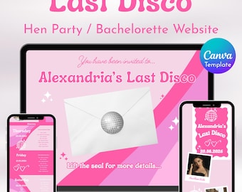 Plantilla web para despedida de soltera estilo Last Disco Pink / Plantilla de invitación editable y personalizable en Canva