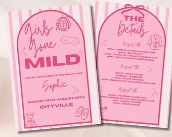 Plantilla de invitaciones para despedida de soltera de Girls Gone Mild / Itinerario digital para el fin de semana de la despedida de soltera / Plantilla de Canva