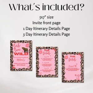 May include: A set of pink and leopard print party invitations. The invitations include the text "Girls Gone Wild" and "The Details". The invitations are 12.7cm x 17.8cm in size and include an invite front page, a 1-day itinerary, and a 3-day itinerary.