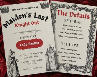 Plantilla de invitación para despedida de soltera "El último caballero de la doncella" / Itinerario para despedida de soltera con temática medieval / Fin de semana de despedida de soltera con temática renacentista