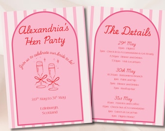 Plantilla de invitaciones para despedida de soltera a rayas rosas y rojas / Itinerario digital para fin de semana de despedida de soltera / Plantilla de Canva