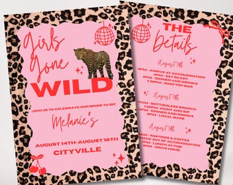 Plantilla de invitaciones para despedida de soltera "Girls Gone Wild" / Diseño con temática de leopardo / Itinerario digital para el fin de semana de la despedida de soltera / Plantilla de Canva