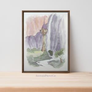 Rapunzel&#39;s Tower Watercolor Painting: Tangled Nursery Decor, Framed Canvas or Art Print