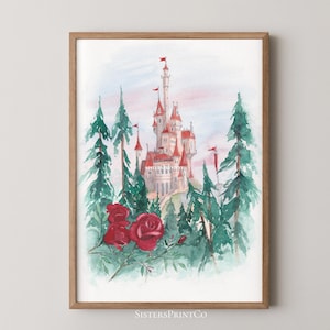 Skönheten och odjuret - akvarell konsttryck, sagoväggposter, fantasiillustration, sagoboksdekor (digital nedladdning)